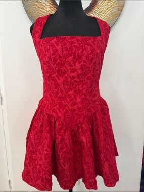 12th Tribe Red Textured Square-Neck Party Dress